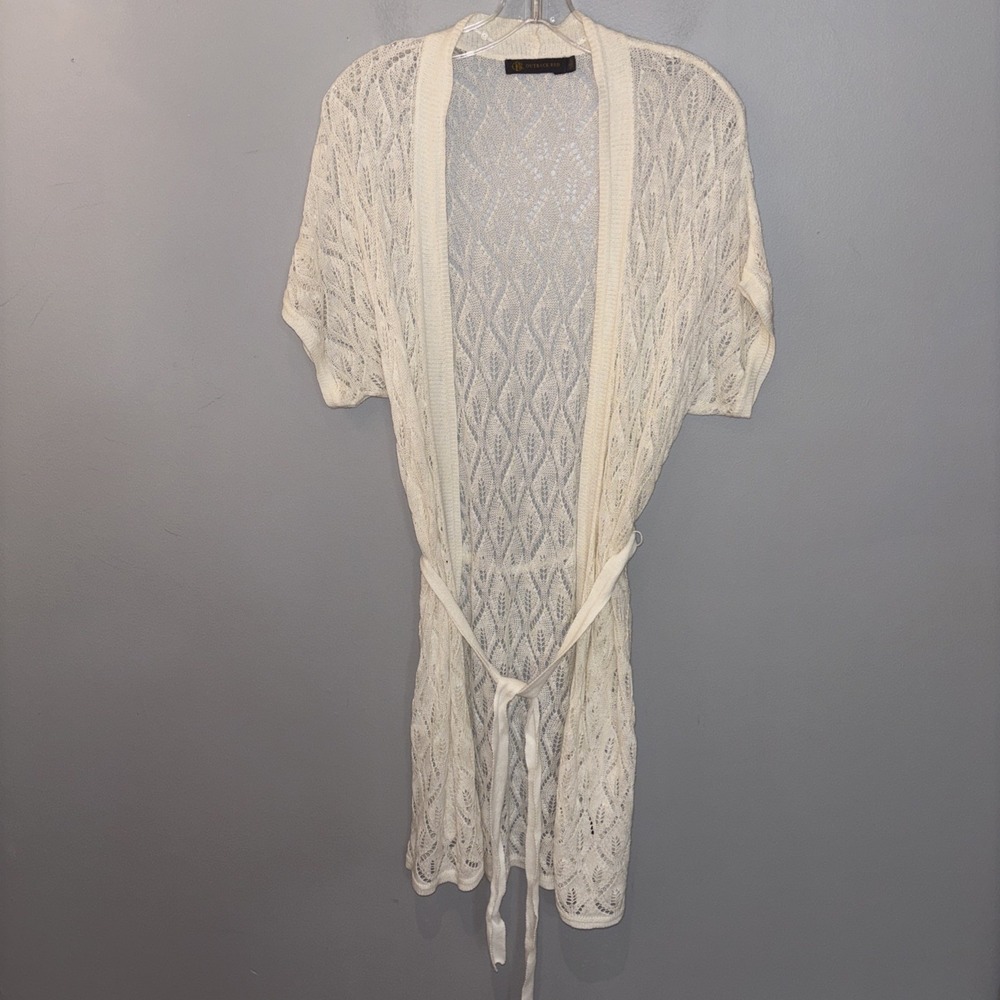 Women's Ivory Knit Crochet Cardigan Swimsuit Coverup Belted Linen Blend Size S